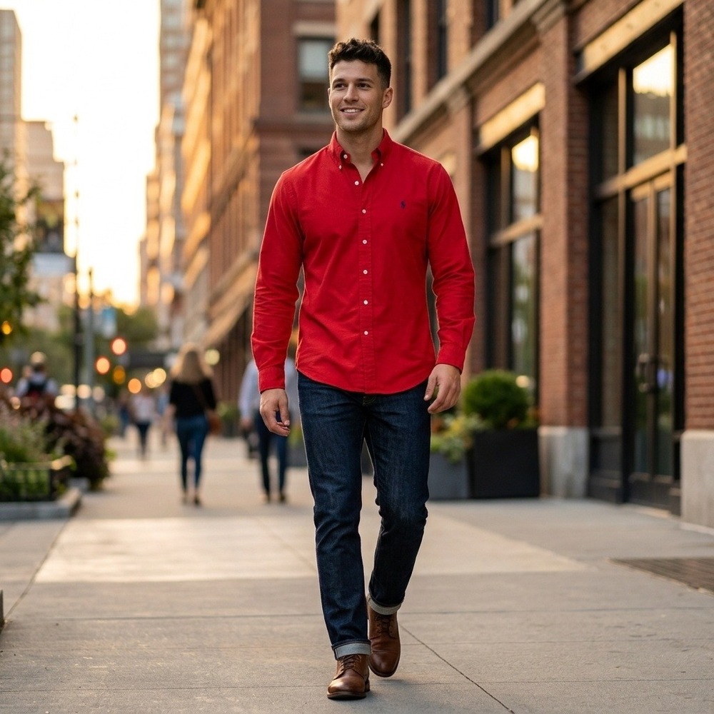 Polo Ralph Lauren Blaire Mens Medium Red Cotton Button Down Long Sleeve Shirt